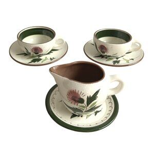 Stangl Pottery Thistle Pattern 6-Piece Set Teacups & Creamer With Saucers